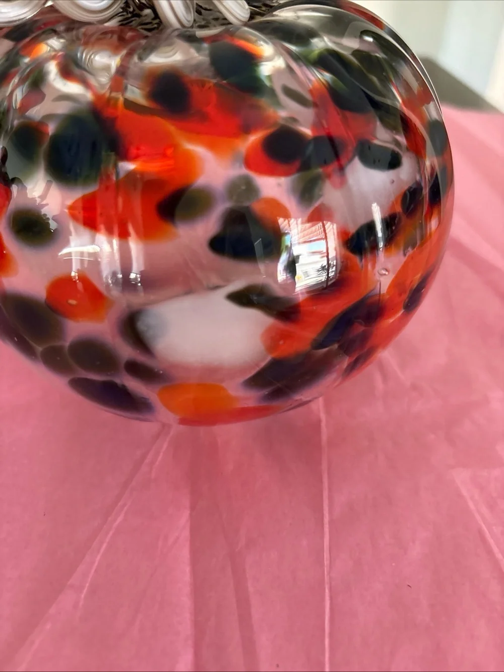 Handblown Glass Clear With Orange Black White Spots Pumpkin